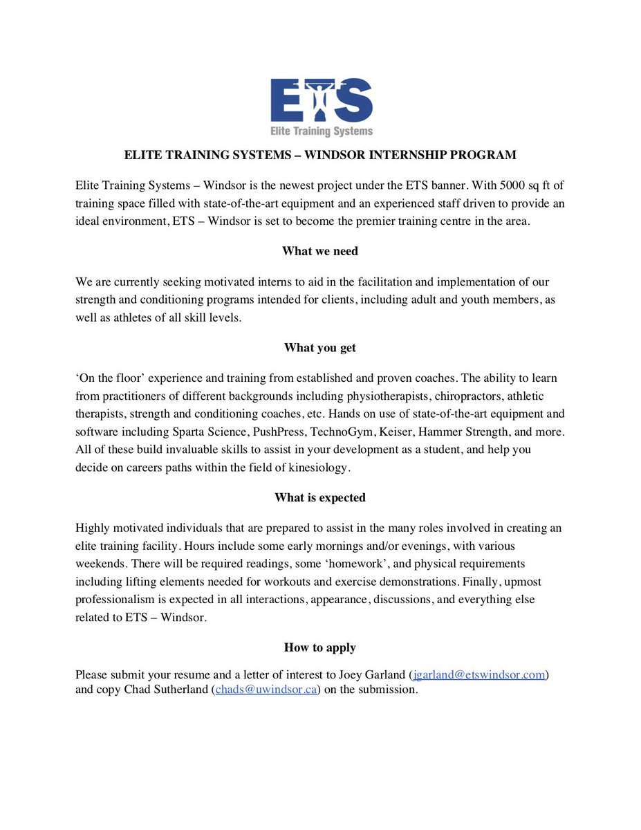 Exciting new Internship position for @UWindsorKIN students: <a href="/ETSWindsor/">ETS Windsor</a> is looking for a motivated summer student (KINE 4980) who is interested in Strength and Conditioning!  Great new training facility and opportunity to work with <a href="/Joey_G_AT/">Joe Garland</a> and team.