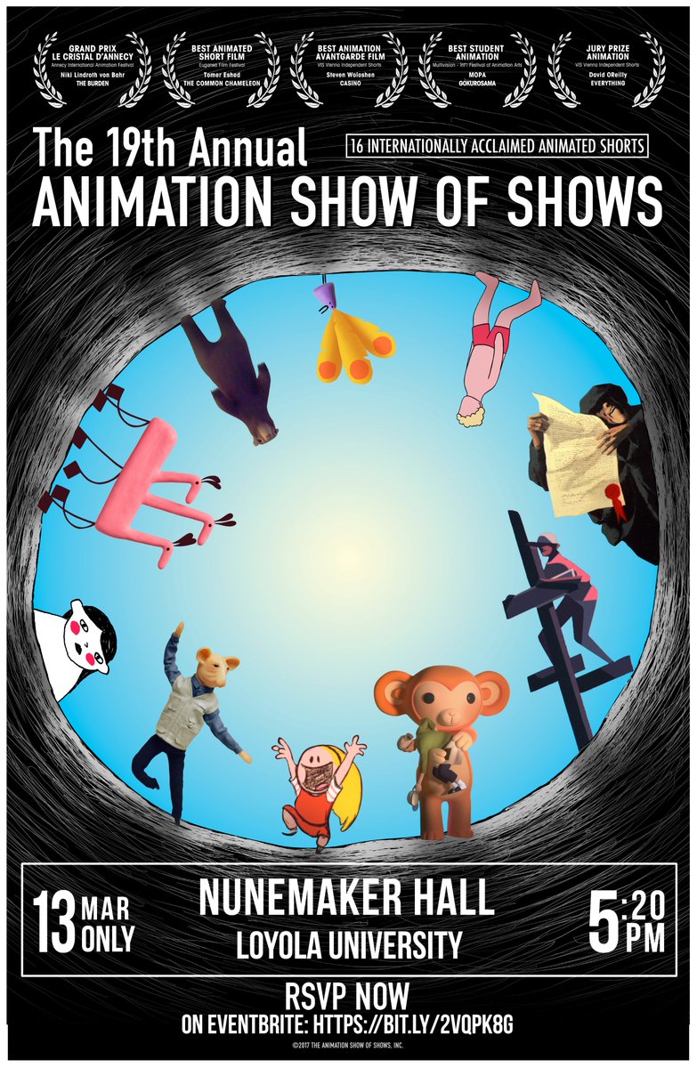 satcenterDM's tweet photo. Loyola Design Forum ft a screening of the 19th Annual Animation Show of Shows
03/13, 5:20-6:30 PM. Nunemaker Auditorium, Monroe Hall.
Free parking in West Rd Garage.
@Loyola_NOLA
https://t.co/MN1PMCdj7a https://t.co/lysjr1HcL4