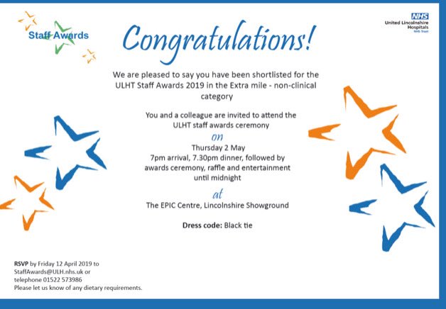 So very proud to have been short listed for an ULHT staff award! So grateful for the nomination! ⁦<a href="/ULHT_News/">NHS United Lincs</a>⁩ ⁦<a href="/JanSobieraj/">Jan Sobieraj 🇵🇱</a>⁩ ⁦<a href="/AndyMcDowall5/">Andy McDowall</a>⁩