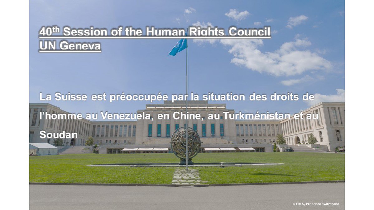 swiss_un's tweet photo. #Switzerland concerned over #HumanRights situations in #Venezuela (arrests during #protests), #China (so called “re-education camps” in #Xinjiang), #Turkmenistan (#enforced disappearances) and #Sudan (arrests of #protesters). Full statement: https://t.co/4nhUUFhpTF #HRC40 https://t.co/vWCVlKxXa0