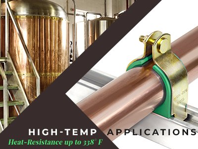 HydraZorb's tweet photo. Need a high-temp clamp for brewing systems, HVAC/R, plumbing/mechanical, or ANYWHERE higher pipe-processing temps are a concern? These clamps got game! When you see green, think endurance with heat-resistance up to 338° F.  #cushionclamps #bringontheheat #hvac #hvactools #brewery https://t.co/nkH8DSs236