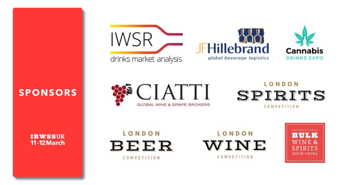 Ibwsslondon's tweet photo. #ibwsslondon 2019 would like to say a big thank you to our #sponsors for this event. @TheIWSR @JFHillebrand_NZ @DrinksCannabis @CiattiCompany @londonwinecomp @Londonspiritcom @londonbeercomp @ibwsshow @USATradeTasting https://t.co/sYylE3U5cN