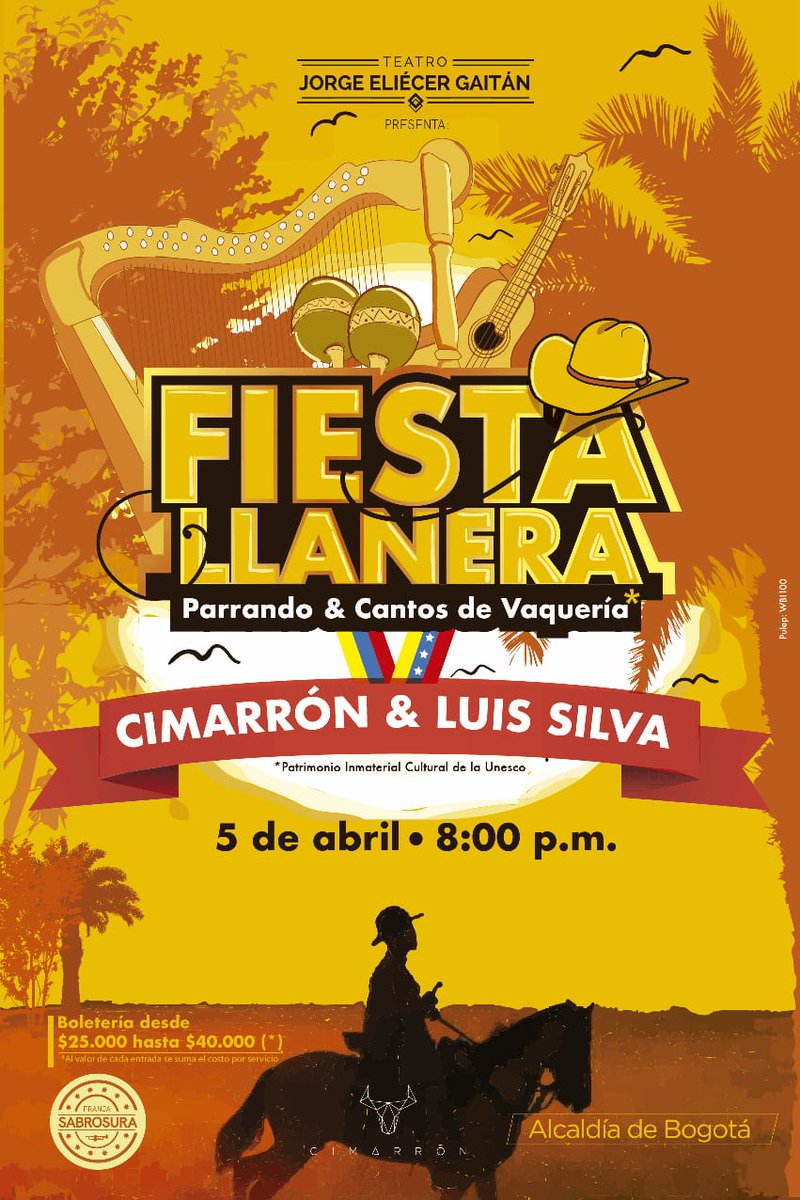 CimarronCol's tweet photo. ¡ES OFICIAL! Este 5 de abril tendremos un mega concierto con @LuisSilvaTwitt en el @TeatroJEG de Bogotá. Será un día histórico para el joropo de Colombia y Venezuela.

Compra aquí tu boleta 👉👉👉 https://t.co/3p4km4kw0e https://t.co/zCvzdjpWYH