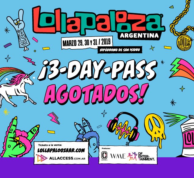 Novedades #LollaAR
¡Abonos agotados para la sexta edición de <a href="/lollapaloozaar/">Lollapalooza Argentina</a>!
Ahora sólo se podrán conseguir accesos por día a $2750 + Service Charge 🎉🎉🎉
