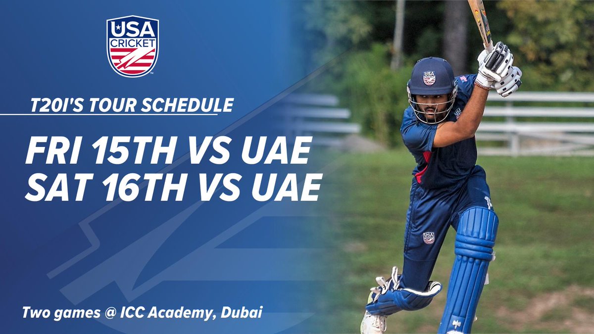 usacricket's tweet photo. It's going to be a huge and historic week for #TeamUSA🇺🇸 as we play our first ever official Twenty20 Internationals against @EmiratesCricket🇦🇪 this Friday and Saturday in Dubai.

The squad flies out today from USA, check the full squad &amp; more here ✈️🏏➡️: https://t.co/HrL9wQCs72 https://t.co/QPq9OqzIn6