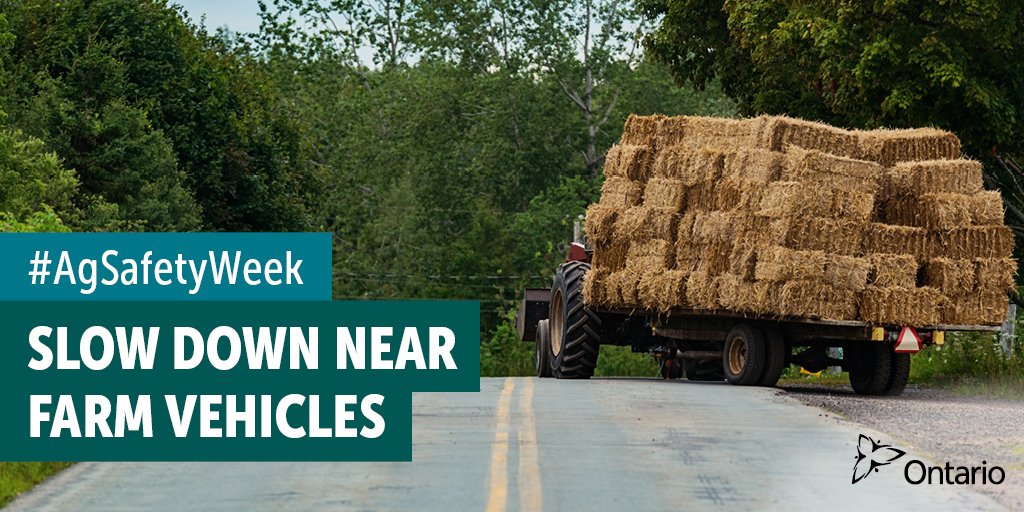 AgricultureON's tweet photo. Help keep our rural communities safe! Remember to always slow down when passing farm vehicles and leave lots of space #roadsafety #OntAg https://t.co/VRjctVrxh9