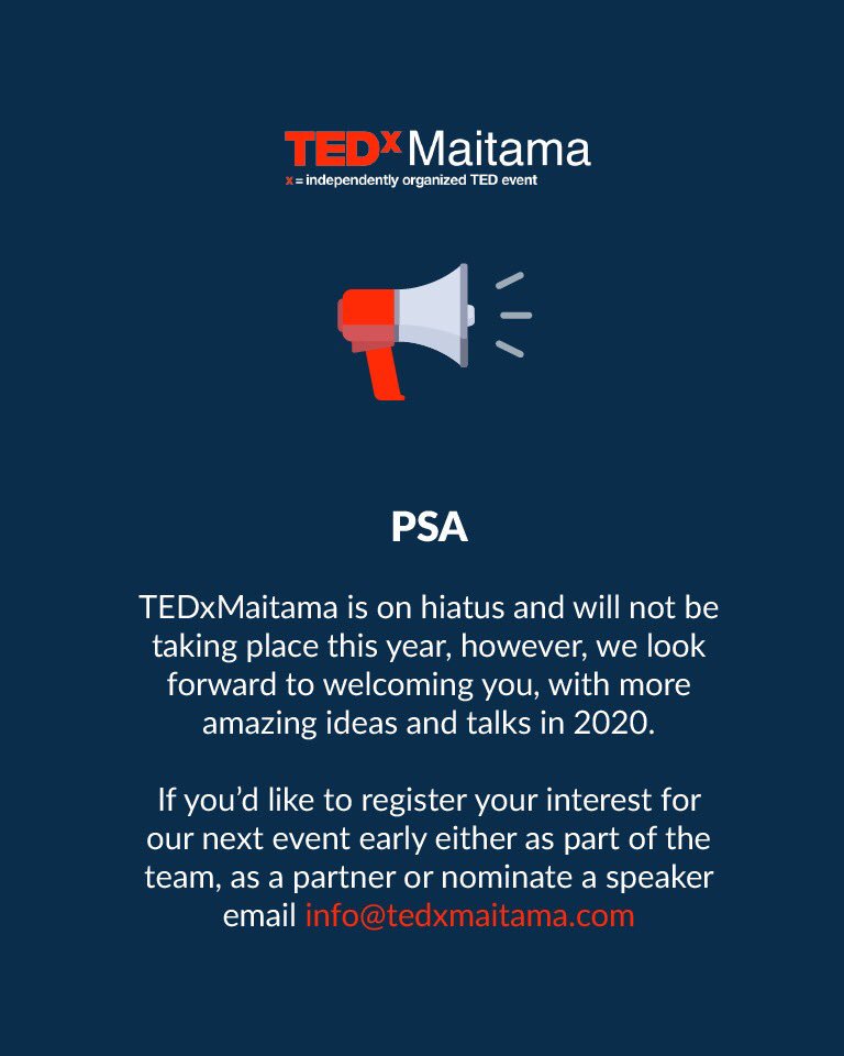 TEDxMaitama's tweet photo. TEDxMaitama is on hiatus this year but we’re already gearing up for our 2020 event. Interested in being a part of it? Get in on the action early 
(info@tedxmaitama.com) https://t.co/EEaIpUV75g
