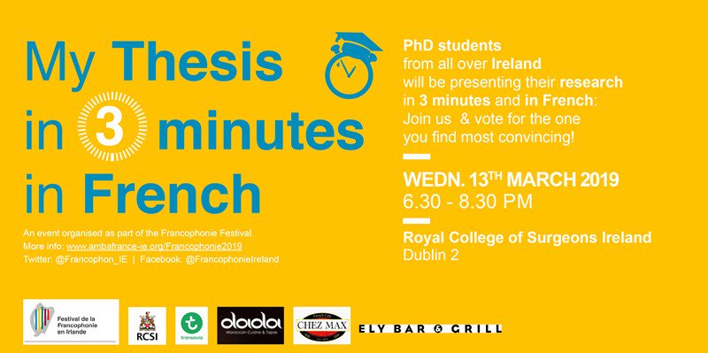 Francophon_IE's tweet photo. #MT3F: it's tomorrow!
16 #PhD Students will be presenting their #thesis in 3 minutes in #French.
#Free event open to the public / info & reg.: https://t.co/p5z26ldwLJ
Special thanks to @RCSI_Irl and our sponsors: @transavia @elywinebars @ChezMaxDublin @afdublin #dadaRestaurant https://t.co/3RQ05I7Izf