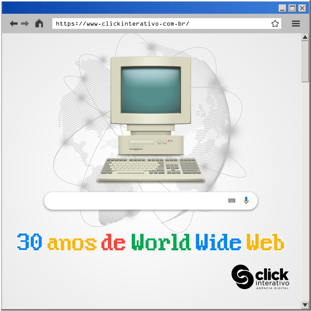 clickinterativo's tweet photo. Hoje, o famoso WWW (World Wide Web) está completando 30 anos! Este mês, marca três décadas que Berners-Lee, criador da web, enviou a seu chefe a proposta do que seria o ponto de partida do uso da internet. #www #30anoswww #ClickInterativo #ComunicaçãoDigital https://t.co/VG76PAHCYS