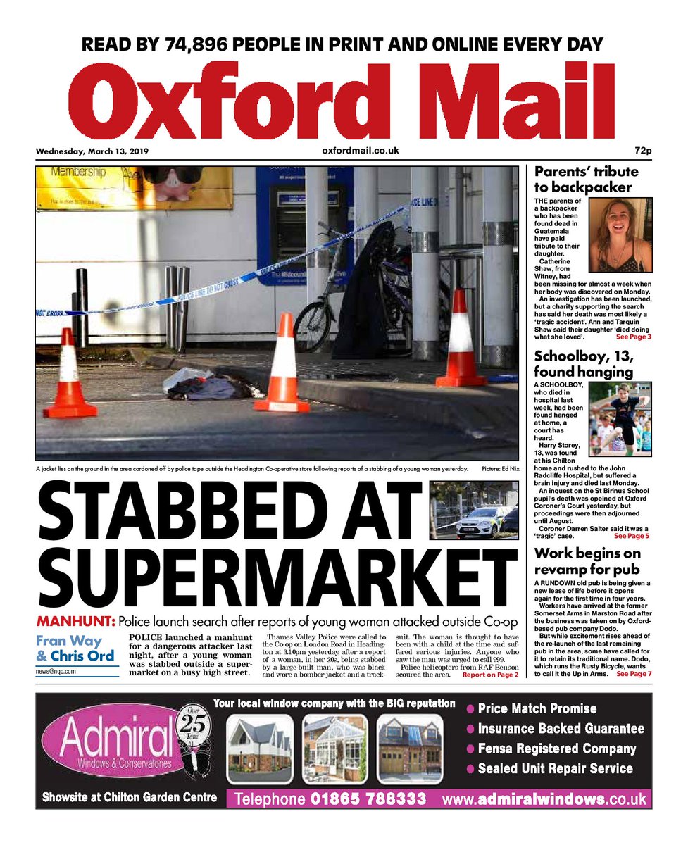 Tomorrow's <a href="/TheOxfordMail/">Oxford Mail</a>  - everything we know so far about knifeman manhunt. More updates online as the night continues bit.ly/2XQ0RX7 
Top work from @OxMailFranW and @OxMailChrisO who've gone above and beyond covering this tonight
