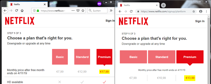 Can someone explain why the price differs by 4 euro? Seems Firefox user pay a premium...  #netflix #firefox