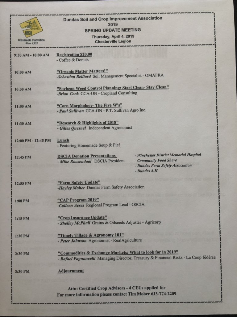 VBFarms's tweet photo. Dundas Soil & Crop Spring Update Meeting at Chesterville Legion April 4th @ 9:30 @sebonsoils @BryanC_Cropland @SullivanAgro @GillesQuesnel @MRoosendaal01 @ColleenAcres @mbashelley @WheatPete and more, save the date and come on out. #DSCIA #ontag #OSCIA @croptimbits https://t.co/Oea3HwnPXb