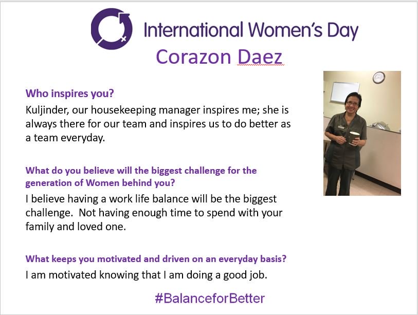 We are taking the month to recognize our strong women who are our mothers, sisters, friends and colleagues. Today we celebrate Corazon Daez. Corazon is a room attendant that does an amazing job looking after our guests and their suites. #marriottinternational #BalanceforBetter