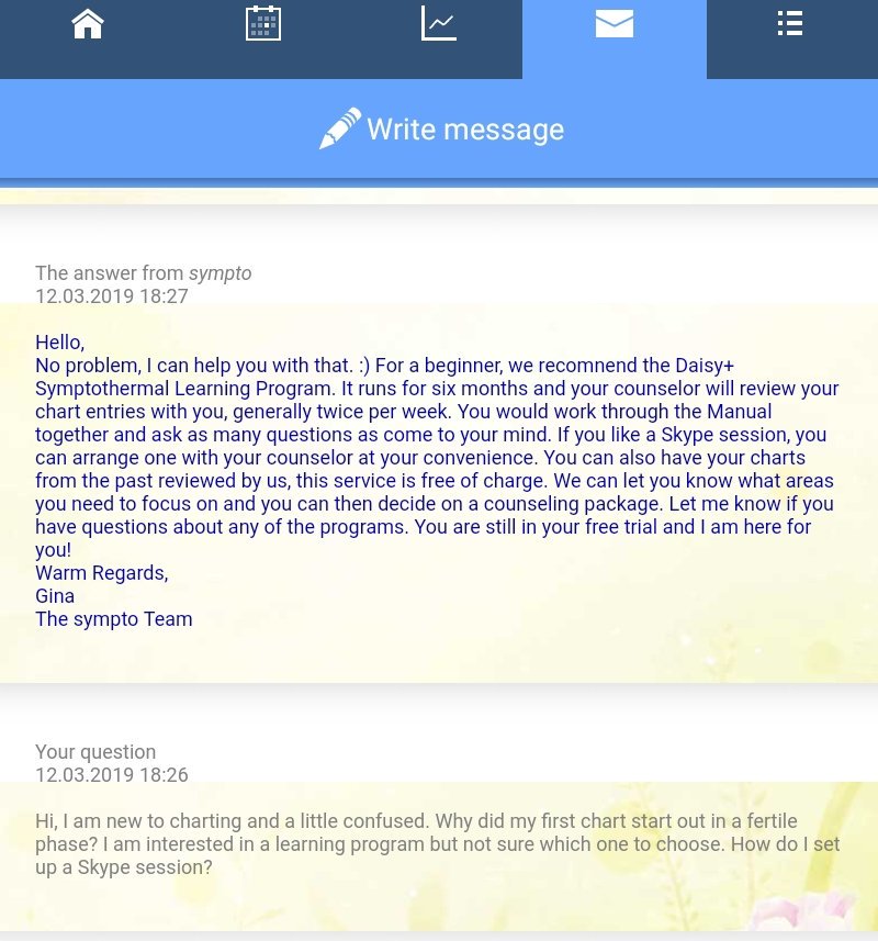 sympto_school's tweet image. @FACTS_Fertility  We offer an in-app messaging system to assist our clients on their journey to charting competence. Each client is matched with one counselor who can access her charts for review and who is available to guide her and answer any questions. #LearnToCHART