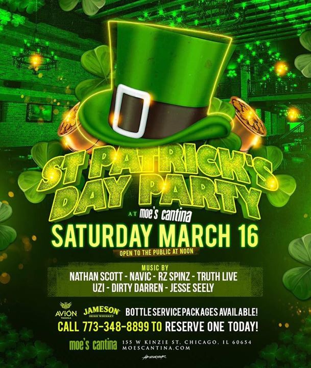 Moes_RN's tweet photo. The color green will be taking over our city weekend!
Get the party started with our $500 
St. Paddy’s Day Bottle Package! 
Package includes 1 Jameson and 1 Absolut! 
Reserve a VIP Bottle Service Booth for your group today! 
Call —-> 773.348.8899
#MoesRN #StPaddysDay https://t.co/IdyZzitc1K