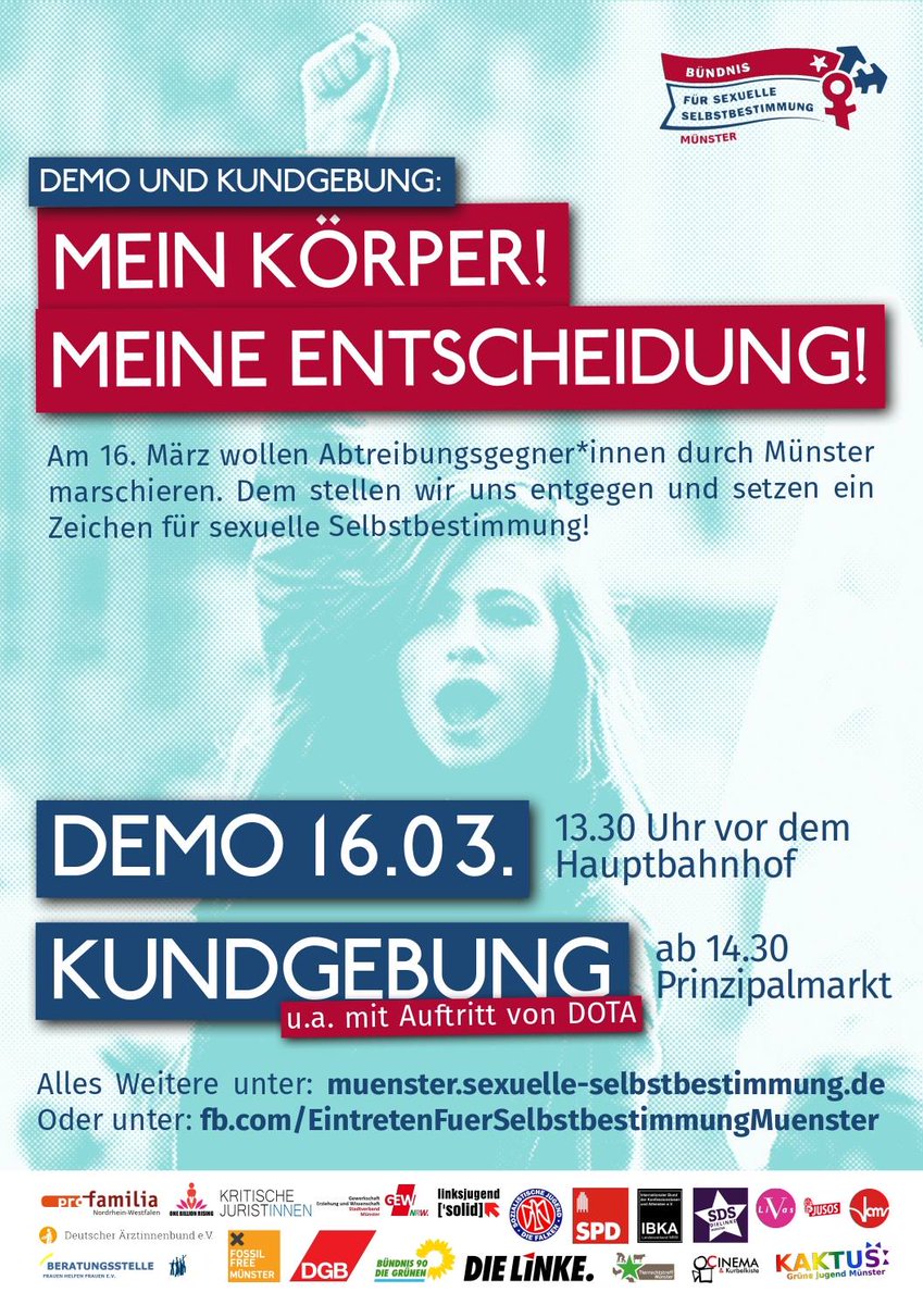 Am 16.03. geht's auf die Straße #gegen1000Kreuze in #Münster. Keine Ruhe für christliche Fundamentalist*innen und ihre rechten Friends!
afawerne.blogsport.de/2019/03/12/16-…
#ms1603 #nofundis #prochoice