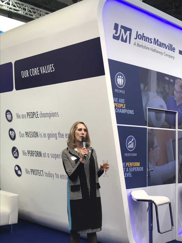 JohnsManville's tweet photo. Chairman, President &amp; CEO of #JM , Mary Rhinehart addresses the crowd at #JECWorld2019. We celebrate our valued customers, suppliers and employees while living our core values: People Passion, Perform, Protect. Thank-you! #WeAreJM #JMexperience https://t.co/tha93fjxJs