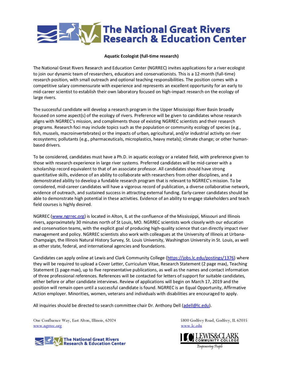 tonyidell's tweet photo. @NGRREC is hiring 2 senior scientists - an aquatic #ecologist and a #humandimensions researcher. Targeting early to mid-career individuals. Awesome place to work with great people and facilities! Please share widley and DM me with questions. REVIEW OF APPLICATIONS BEGINS MARCH 17 https://t.co/JTh1CawJ63