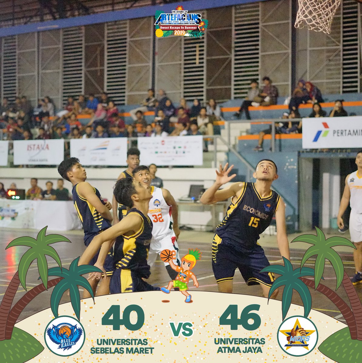 artefacuns's tweet photo. [DAY 4]

BASKET COMPETITION🏀

Full Time
UNIVERSITAS SEBELAS MARET (40) - (46) UNIVERSITAS ATMA JAYA

Category: UNIVERSITAS
📍 GOR UNS, Surakarta

Man of The Match:
Alvin Kurniawan - UNIVERSITAS ATMA JAYA

#BASKETCOMPETITION
#ARTEFACUNS2019
#LAHIRDANBESAR
#SWEETESCAPEINSUMMER https://t.co/nvNTeYIN3W