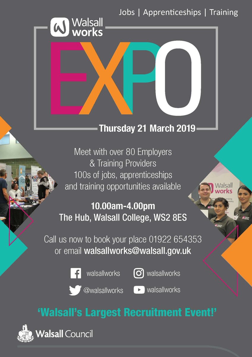 This is an employment event whereby there will be around 80 providers and exhibitors present to support people into training and employment opportunities.  The event takes place on Thursday 21 March, 10am – 4pm at Walsall College Hub.