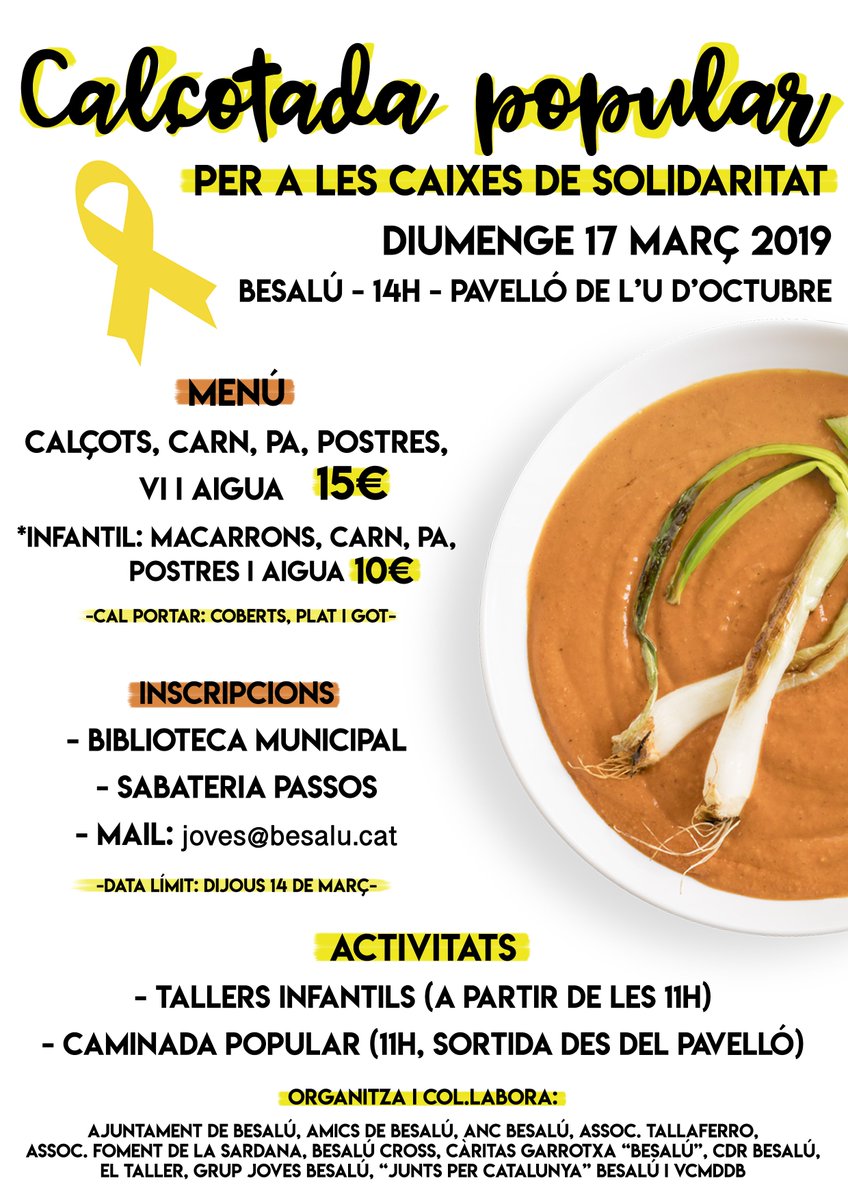 Diumenge 17 de març CALÇOTADA POPULAR organitzada per entitats de #Besalú amb tallers infantils i caminada popular, inscripcions <a href="/bibliobesalu/">Biblioteca Besalú</a> <a href="/jovesbesalu/">Grup Joves Besalú🎗</a> i Sabateria Passos, teniu⏳temps fins el dijous 14!
<a href="/AmicsdeBesalu/">Amics de Besalú</a> <a href="/ancbesalu/">A9NC Besalú</a> <a href="/AssocTallaferro/">Assoc.Tallaferro</a> <a href="/DolorsDeBesalu/">Dolors de Besalú</a>