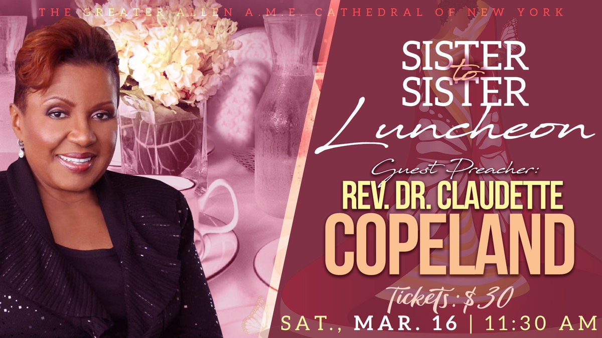 allencathedral's tweet photo. Ladies, if you have a sister -biologically or spiritually - we encourage you to come to our Prayer Brunch this weekend with Rev. @CCopelandMin . Contact the GAC Bookstore/Church Office for tickets and details. https://t.co/8Wqv0aL6Pu