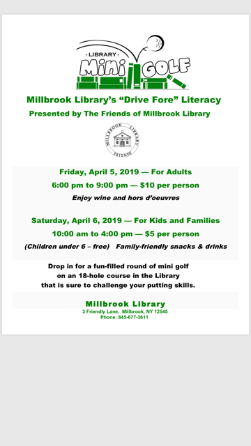 MillbrookLib's tweet photo. Come to the library April 5th and 6th for our mini golf event! #millbrooklibrary #minigolf https://t.co/rsChvyTAkX