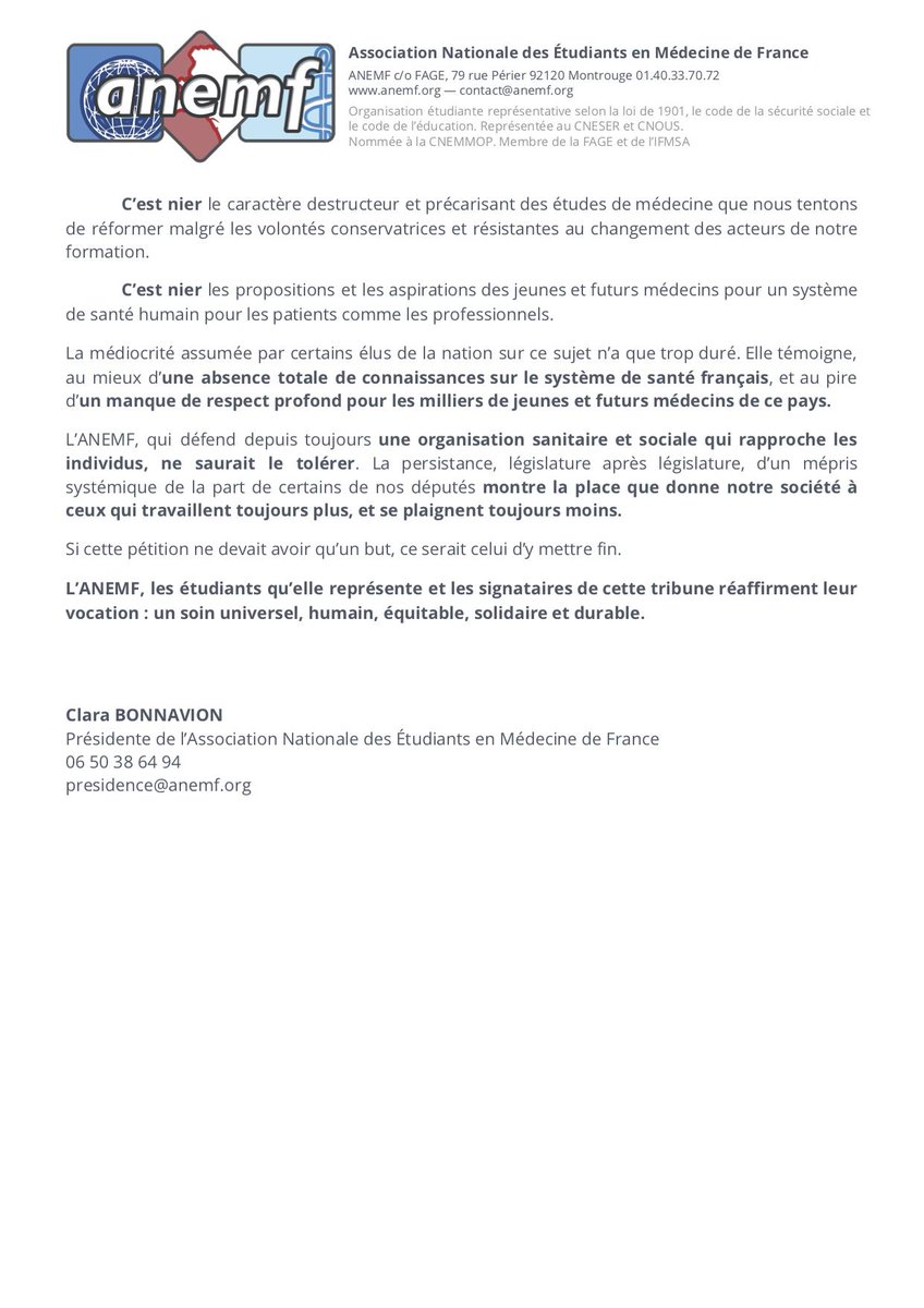 Amendements outranciers, étudiants excédés !
Ces députés montrent "au mieux d’une absence totale de connaissances sur le système de santé français,  au pire d’un manque de respect profond pour les milliers de jeunes et futurs médecins de ce pays."
Signez ! chng.it/VYKZfRRp99