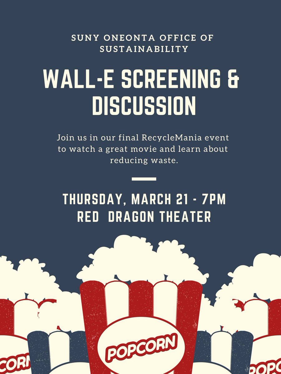 SUNYGreen's tweet photo. Welcome back! Keep an eye out for our last Recyclemania event, happening next Thursday! #sunyoneonta #recylmania #wallE https://t.co/0OMFi2Njor