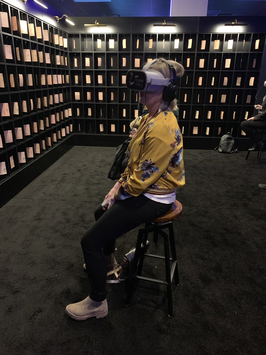 _BEYONDStudio's tweet photo. Amanda Murphy of @RoyalHolloway checking out the #NothingToBeWritten #VR experience by @BBC @sxsw virtual cinema - UK immersive mission 2019 #austin https://t.co/8HlSF18reJ