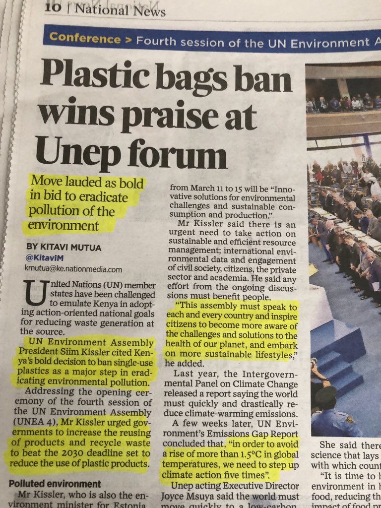 JudiWakhungu's tweet photo. Kenya’s plastic bag ban wins praise at the UNEA4. The move has been lauded as a bold bid to eradicate pollution. Let’s all continue to play our part &amp; to raise awareness about plastic pollutants.
#BeatPlasticPollution #UNEA4 #SolveDifferent #Kenya #CleanSeas #InKenyaPapers https://t.co/Xfdu3qrrED