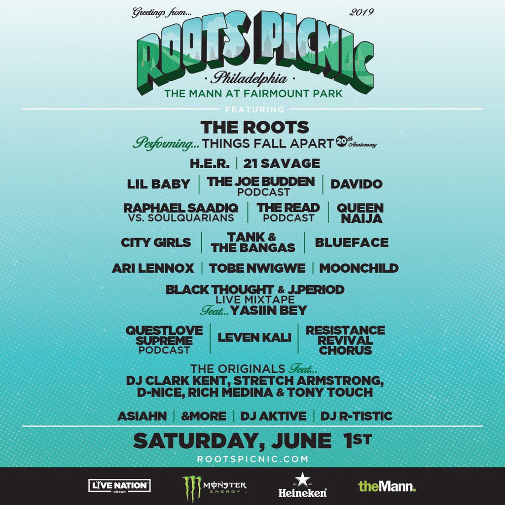 RECphilly's tweet photo. The #RootPicnic lineup is here! 👀 This year they’re taking the Picnic to the park!
Tickets for the @rootspicnic at the Mann at Fairmount Park go on sale Friday. 🌳 https://t.co/TW5HFun3rP