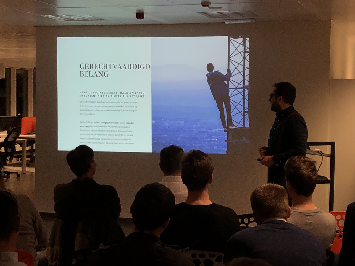 DgplsAntwerpen's tweet photo. Gerechtvaardigd belang: je wordt liever gehackt door een vriendelijke ethische hacker dan door een bad guy, vertelt @deJuristen #digantcafe https://t.co/xqr0Guj8x8