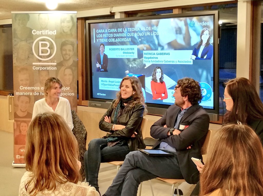 Segundo cara a cara de las #BTardes de <a href="/BCorpSpain/">B Corp Spain</a> en <a href="/ImpactHubMAD/">Impact Hub Madrid</a>, allá vamos pasando de la teoría a los hechos: los retos que sólo un líder ve, nos lo cuentan <a href="/felidarity/">Felidarity</a> <a href="/pgabeiras/">Patricia Gabeiras</a> <a href="/OpenValueFound/">Open Value Foundation</a> <a href="/PlenEat/">PlenEat</a>. ¿Cuándo te das cuenta de que eres un líder y cómo lo contagio?