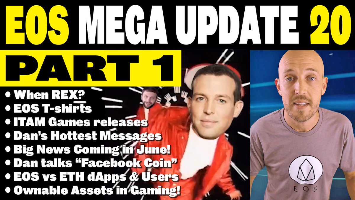EOS Mega Update 20 (Part 1 of 2)

When REX? ITAM Games, Weiss Ratings, Tezos, Dan talks about Facebook Coin, Emanate, Dan Clues, Big Things in June 2019!

youtu.be/QjNebgh4Ahs

@eosnewyork <a href="/EOSauthority/">EOS Authority</a> <a href="/go_eos/">EOS Go</a> <a href="/crypt0snews/">Omar Bham (Crypt0)</a> <a href="/CypherglassBP/">Cypherglass</a> <a href="/bytemaster7/">Daniel Larimer</a> <a href="/EOS_Israel/">EOS Israel</a> @finchify