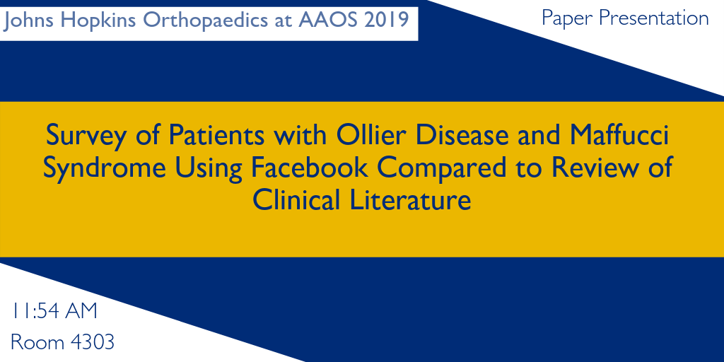 Carol Morris & team compared the natural history of patients with #Ollier disease
and #Maffucci syndrome obtained from results of a Facebook survey to the published literature. #AAOS2019 #orthoonc