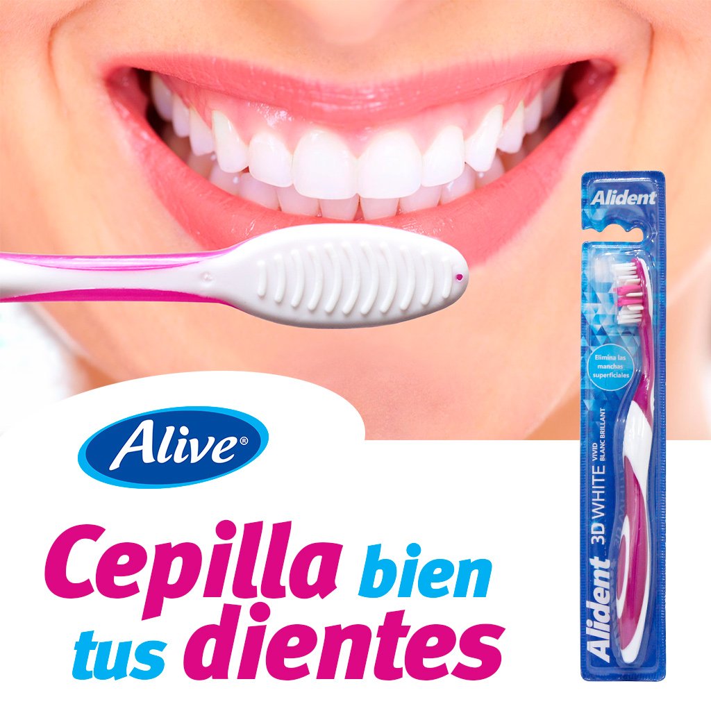 alivecosmetic's tweet photo. Con nuestro cepillo Alident 3D White puedes eliminar las manchas superficiales gracias a su combinación de filamentos de nylon y gomas simultáneas que garantizan doble acción para limpiar tus dientes. #Alident3DWhite #Alive #aliveEsSaludYbienestar #SaludBucal #DientesLimpios https://t.co/yDxUksO5nu