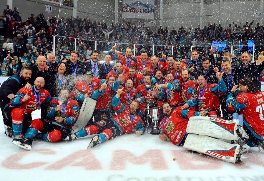 HigherHockey's tweet photo. Congrats to our Blair Riley, Kevin Raine, and Josh Roach, 2019 #EIHL Challenge Cup Champions with the @BelfastGiants! 🏆🎉🍾  

#TrophySzn #HigherHockey 
📸: @Briles25/@BelfastGiants https://t.co/0tPYD8DFFK