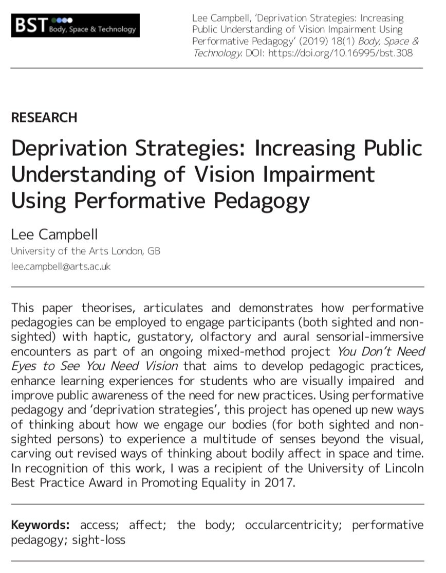 Really happy that my research on art, performance and vision impairment with <a href="/alexandcostello/">Alexander Costello</a> <a href="/SimonHayhoe/">Simon Hayhoe</a> <a href="/Rosymck/">Rosy</a> <a href="/CaraliMcCall/">Carali McCall</a> <a href="/atuljais111/">Atul Jaiswal, PhD</a> published in Body Space Technology -  with nods to the work of <a href="/alston_adam/">Adam Alston</a> <a href="/KevinJHunt/">kejhu</a>  <a href="/richiemanu/">Richie Manu</a>  <a href="/RNIB/">RNIB</a> bstjournal.com/articles/10.16…