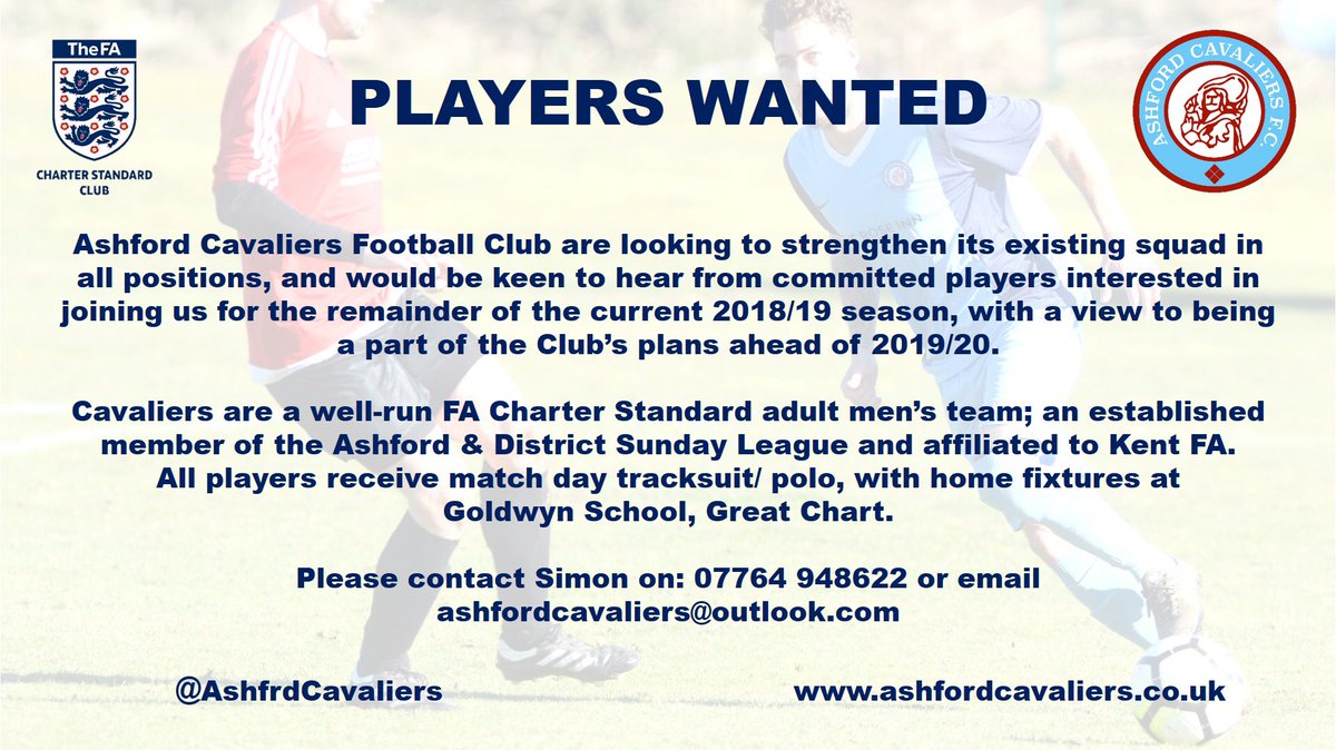 AshfrdCavaliers's tweet photo. 📣 PLAYERS NEEDED | We’re looking to strengthen our squad for our remaining fixtures this season and into next; &amp; keen to hear from committed players in all positions, who are interested in joining our friendly and well-run club #UpTheCavs ⚽️ #Ashford #grassroots https://t.co/Rvwz0CqwDk