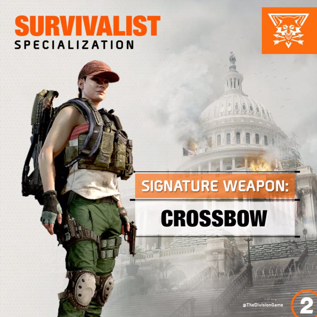 TheDivisionGame's tweet photo. The Sharpshooter, the Demolitionist, and the Survivalist – three different endgame specializations Agents can activate upon reaching level 30 in #TheDivision2. Which will you try first? https://t.co/RbENmqJYGH
