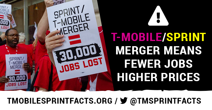 CWAUnion's tweet photo. The #TMSprintMerger isn't only bad for workers, it’s a disaster for consumers. T-Mobile &amp; Sprint are rivals, competing aggressively for lower-income customers &amp; persons of color. By eliminating competition, economists estimate prices will go up as much as 15%" - @CWAChrisShelton https://t.co/uDuMWg1Lwk