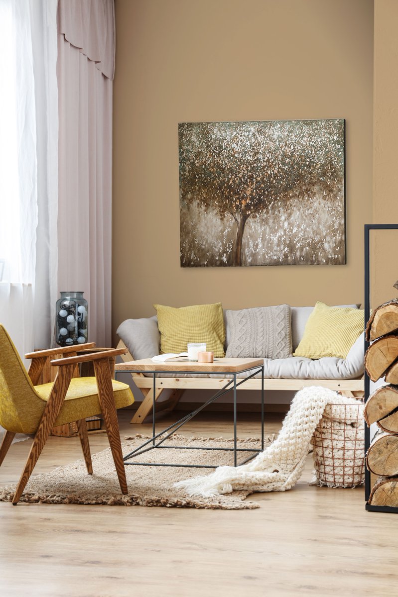 Generalpaint's tweet photo. Design Tip: For some added sunshine during the Winter months, switch up your throw pillows for a brighter colour. Pictured on the walls is 'Cracked Wheat' (326D.) https://t.co/bE27SD4iR8