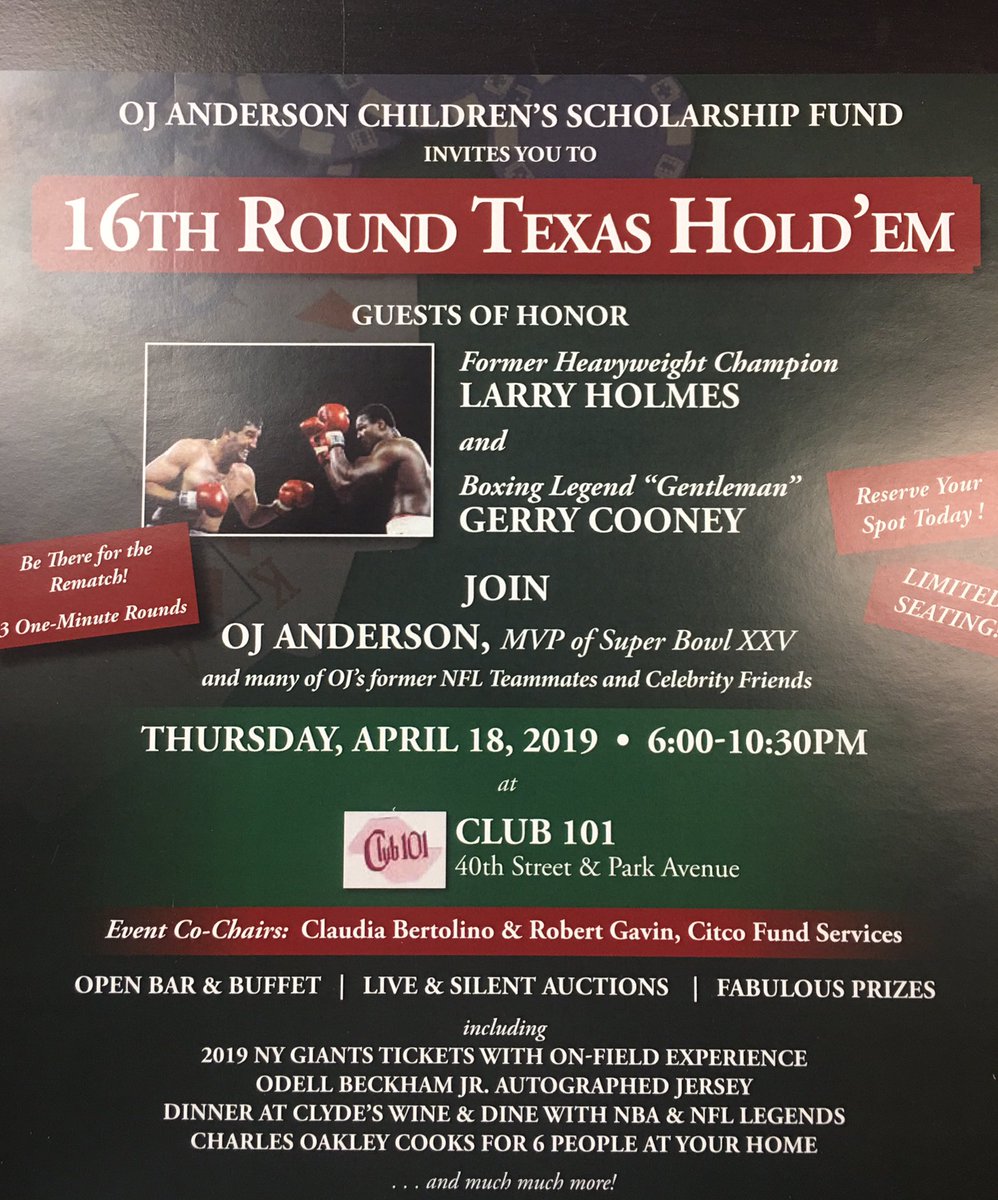 EagelSports's tweet photo. Come and join us for a great event with @OJAnderson24 @gerrycooney and @LarryHolmes75 Texas Hold em!!! #charity #poker #boxing https://t.co/PeSvakHeZj