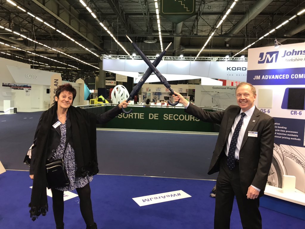 JohnsManville's tweet photo. Teaming up for #greatness! Johns Manville SVP &amp; CFO Greg Clarke along with Global Marketing &amp; Portfolio Leader, Karin Demez,  both agree that #JECWorld2019 is a great place to showcase JM’s innovative products and award winning team! #WeAreJm #JMexperience #innovation https://t.co/fYFpAJn6es