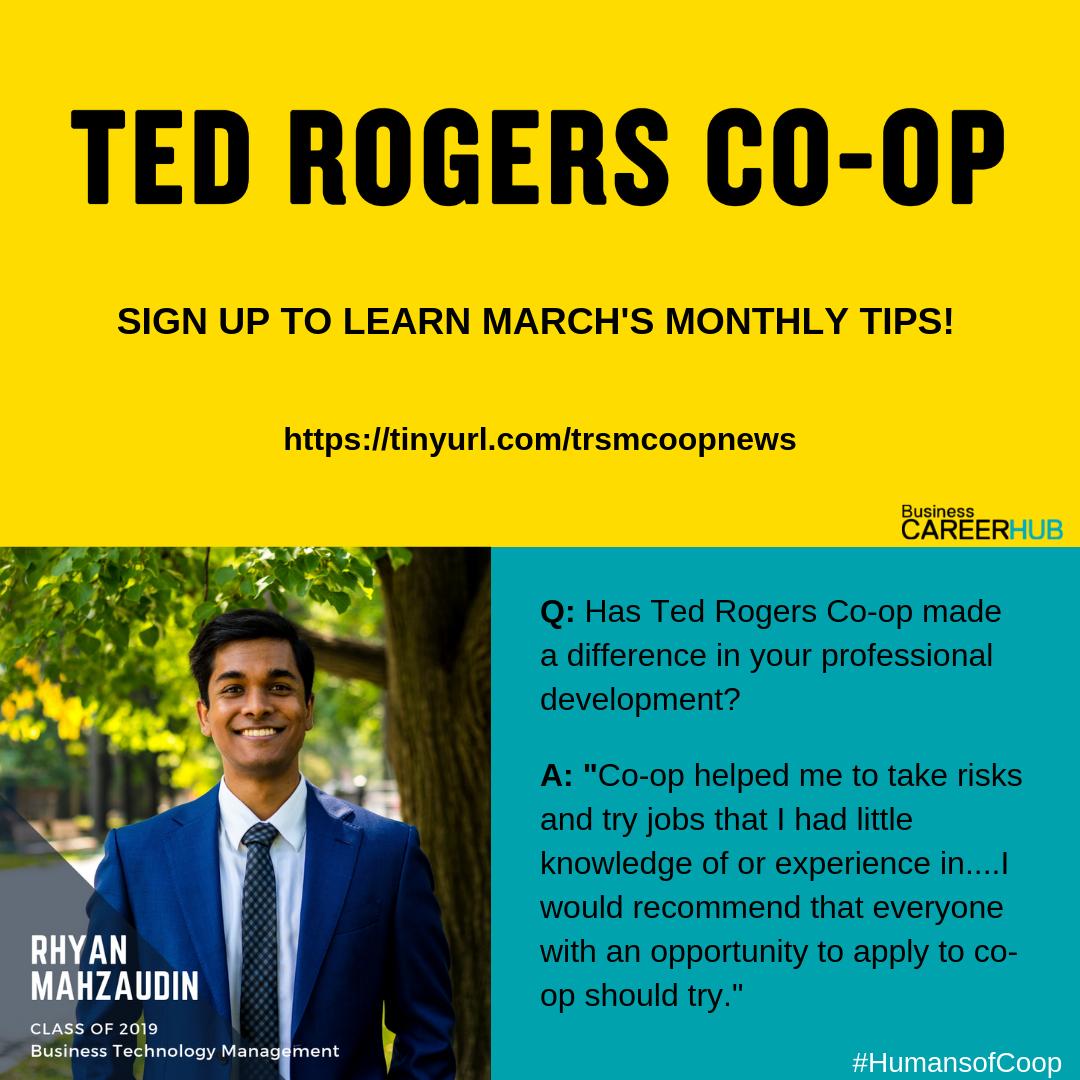 TedRogersBCH's tweet photo. Rhyan Mahzaudin, Business Technology Management Co-op Student, on why Ted Rogers Co-op made a difference to him. Don't forget to sign up for the co-op newsletter for exclusive tips on your application!
#TedRogersCoop #HumansofCoop #RUCSA #ShareYourStory https://t.co/QTSDlSYWH7