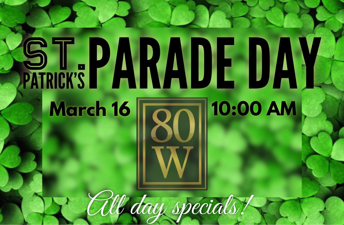 PARADE DAY🍀

Next Saturday, March 16th, 80W will be opening its doors at 10:00AM for our 1st annual St Patrick's Day Parade celebration! Stay tuned for specials... 
#StPatricksDay2019 #StPatricksDayParade #ROC