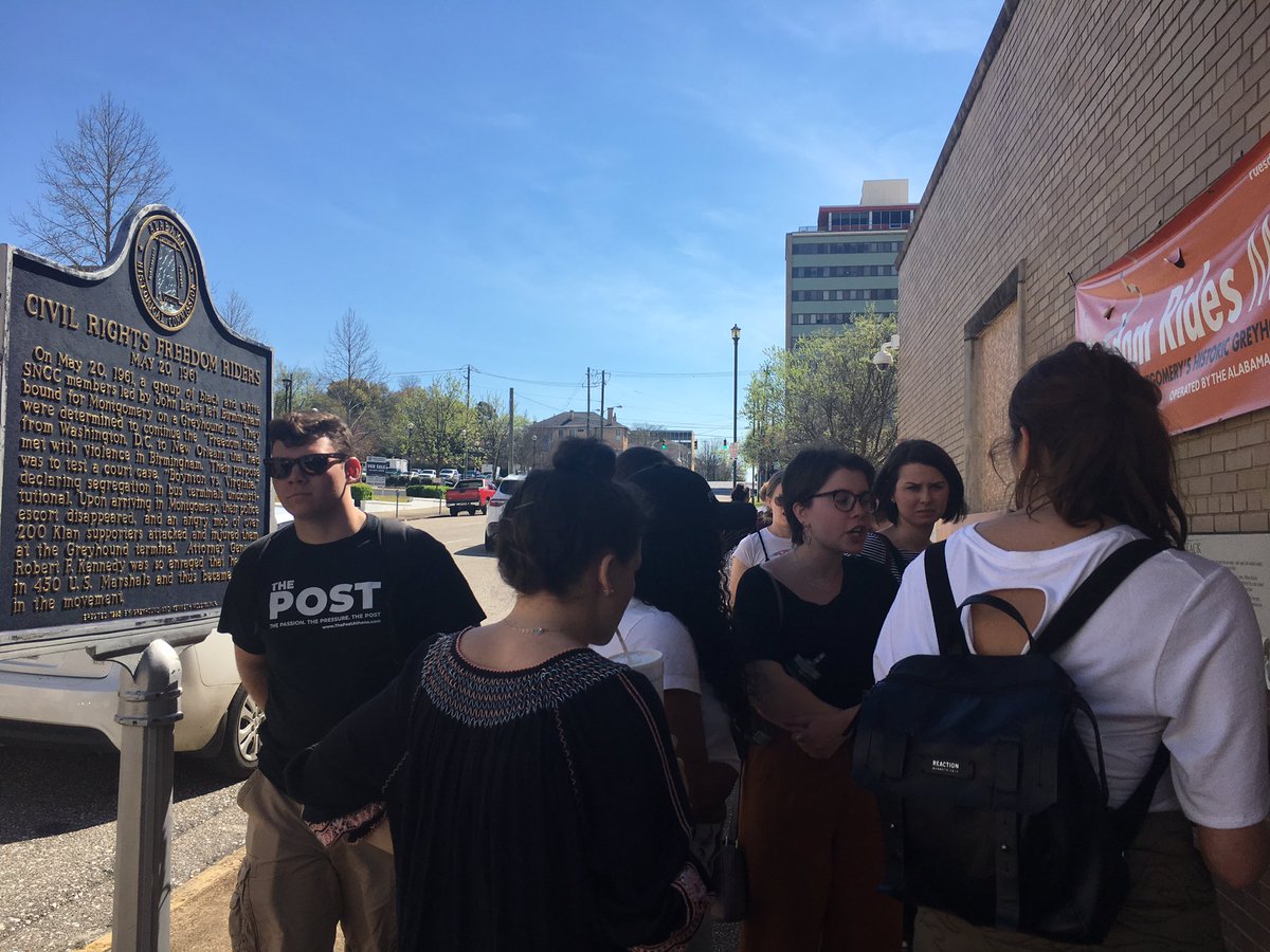 oucivilride's tweet photo. Fourth stop: Montgomery’s historic Greyhound bus station. @scrippsjschool @OHIOGoGlobal @scrippsjschool @profstewartrk #OUCivilRide #ThisCouldBeYourSpringBreak #ScrippsSpringBreak #freedom #makeitDIVERSE https://t.co/AnGvh1lTaa