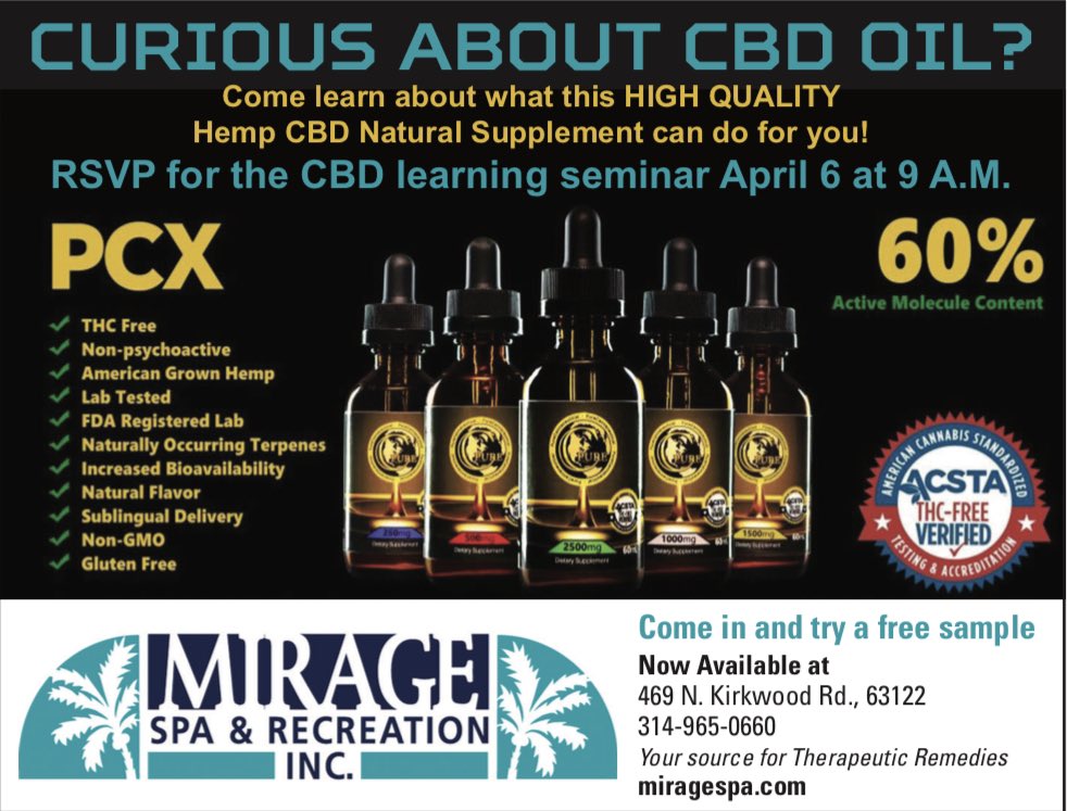 What is CBD? A class on April 6 at 9:00 am - 11:00 am held @Miragespa_stl . Learn, ask questions, try a sample or talk to someone who has tried it. We welcome all. RSVP on Facebook at either St Louis CBD or Mirage spa. #cbd #cbdoil #cbdcream #cbdhelps #cbdclass #learnaboutcbd