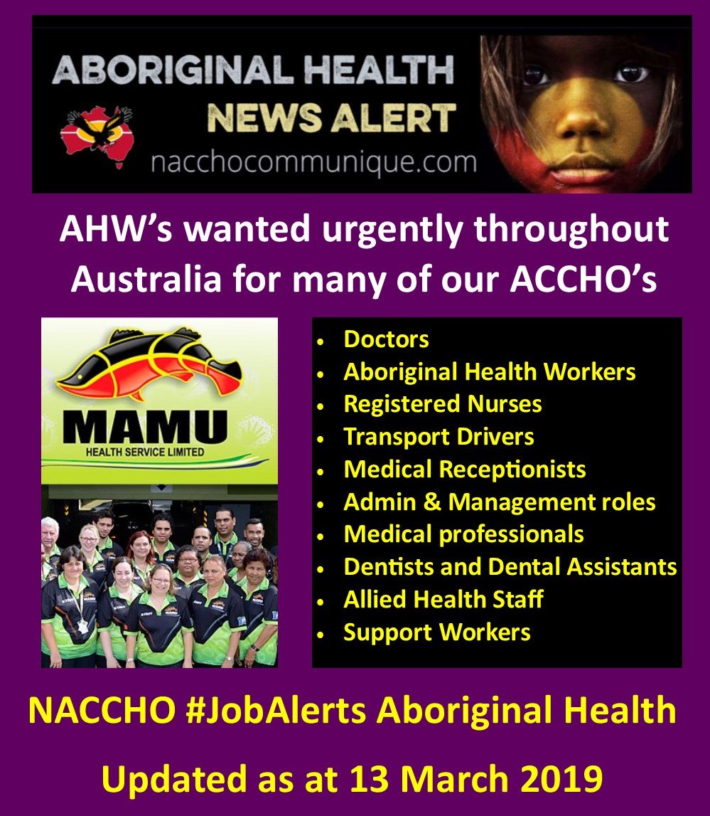 NACCHOAustralia's tweet photo. NACCHO Aboriginal Health #Jobalerts as at 13 March 2019 #closethegap
This week features @ChildrensGround #FNQLD Mamu ACCHO CEO #NSW Bourke ACCHO CEO #Katungul ACCHO #WA @TheAHCWA #NT #Anyinginyi #Sunrise ACCHO @DanilaDilba @CAACongress @MiwatjHealth
https://t.co/hhuolVZg8H https://t.co/NSzBvetq2L